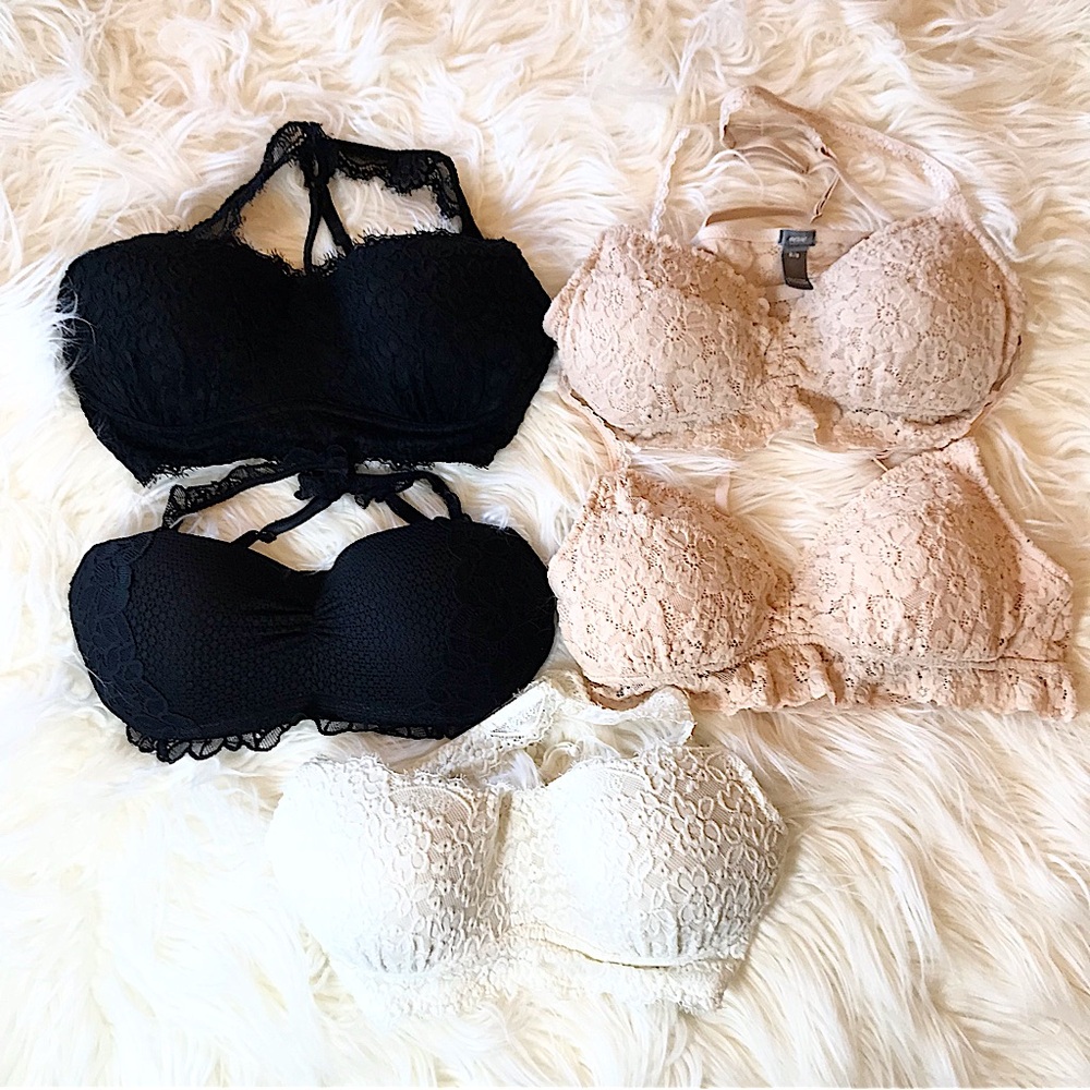 AERIE BRA BUNDLE OF 5-CLASSIC FIT LACE BRAS- 2 TAN, 2 BLACK, 1 OFF WHITE- SZ MED